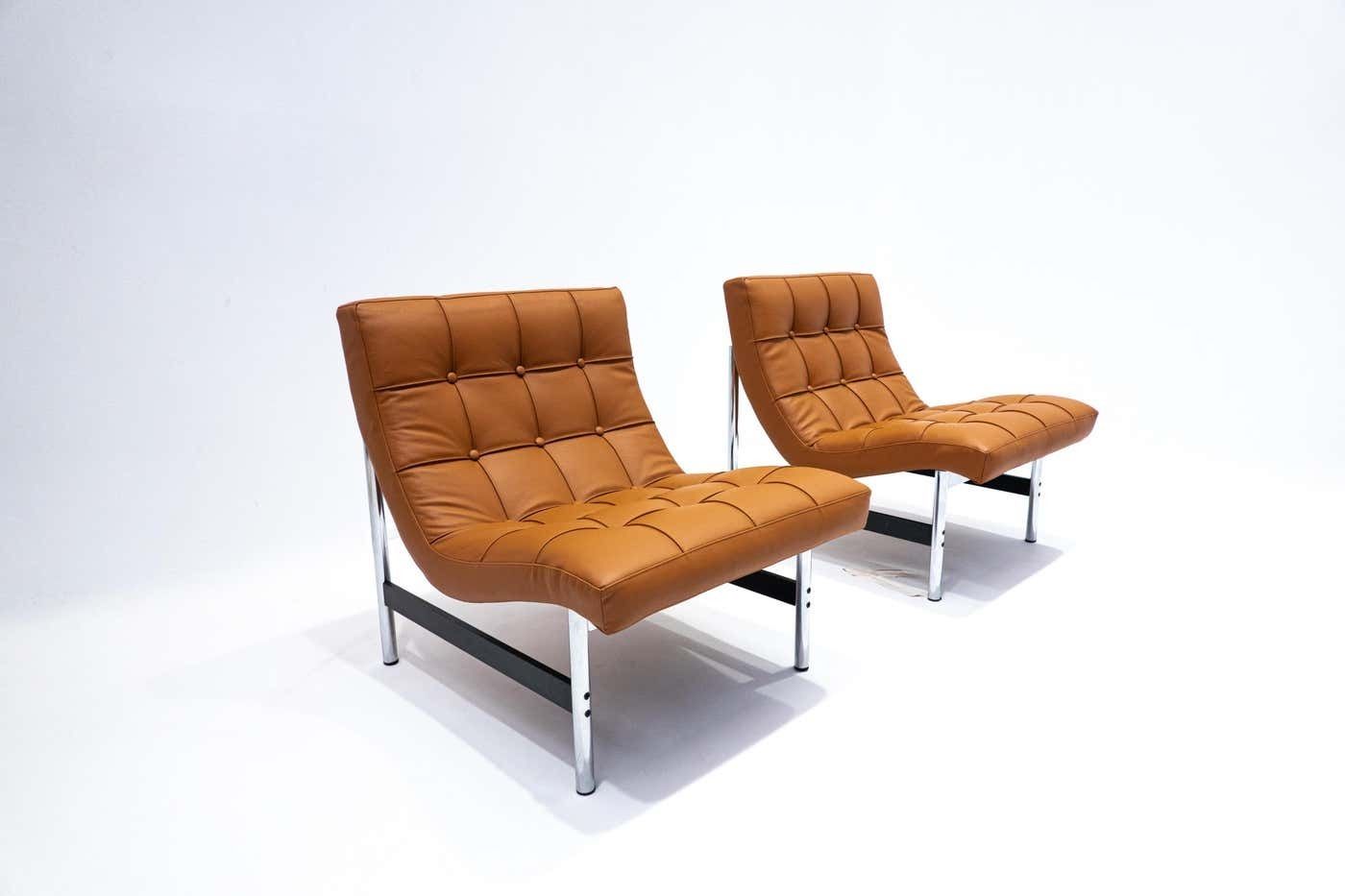 Mid Century Modern Pair Of Italian Armchairs, Cognac Leather, 1970s photo furniture
