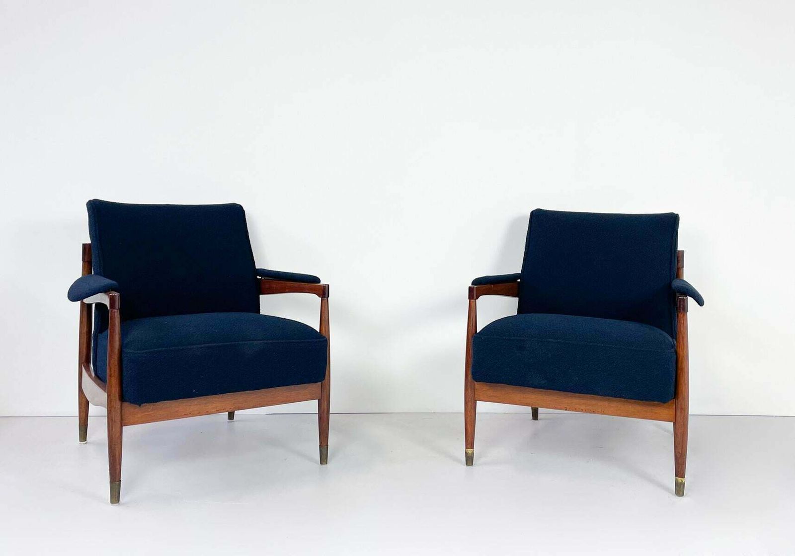 Mid Century Modern Pair Of Armchairs, Wood And Blue Boucle Fabric, Italy, 1960s photo for sale