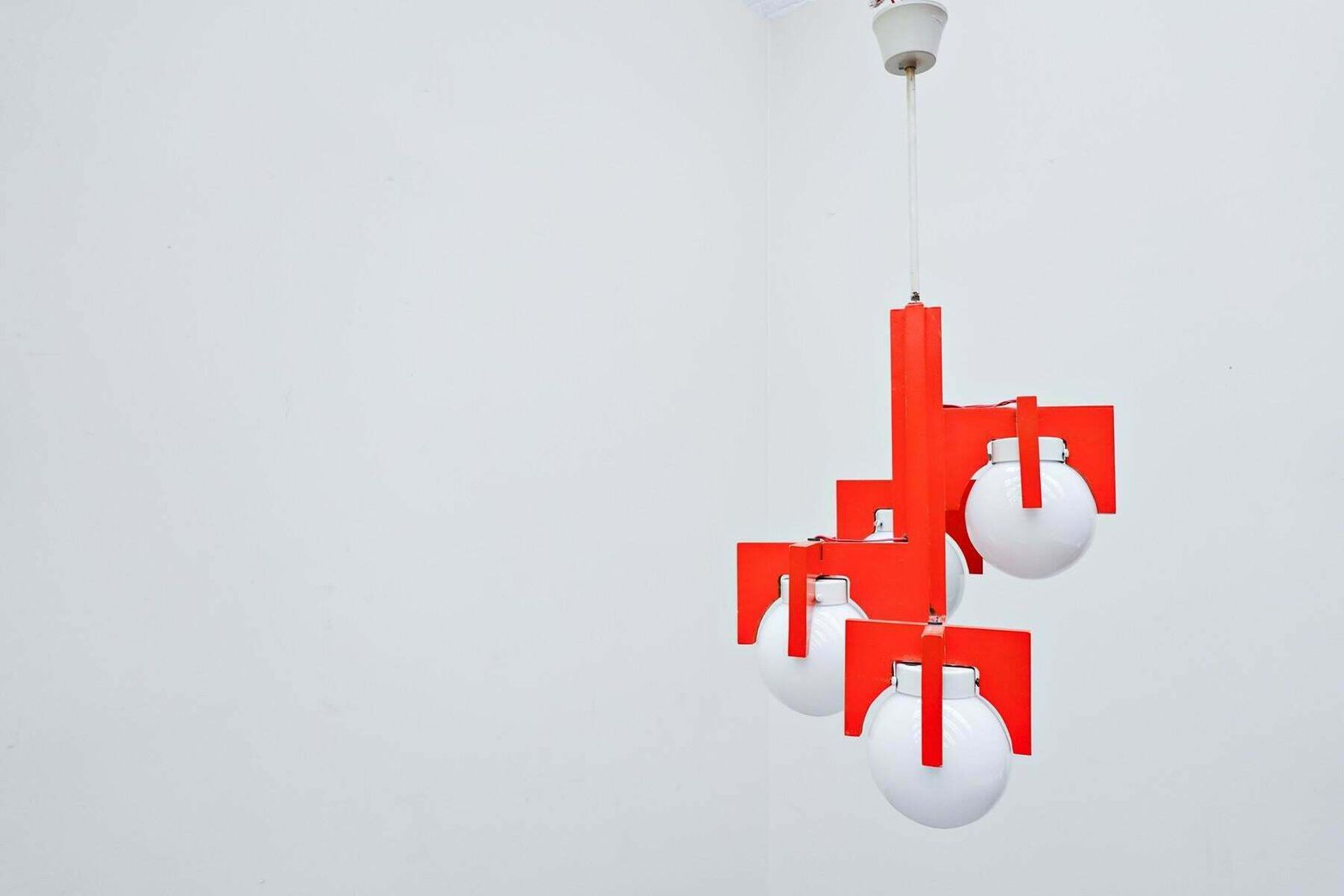 Mid Century Red Lacquered Wood And Opaline Suspension, Italy 1970s photo vinterior