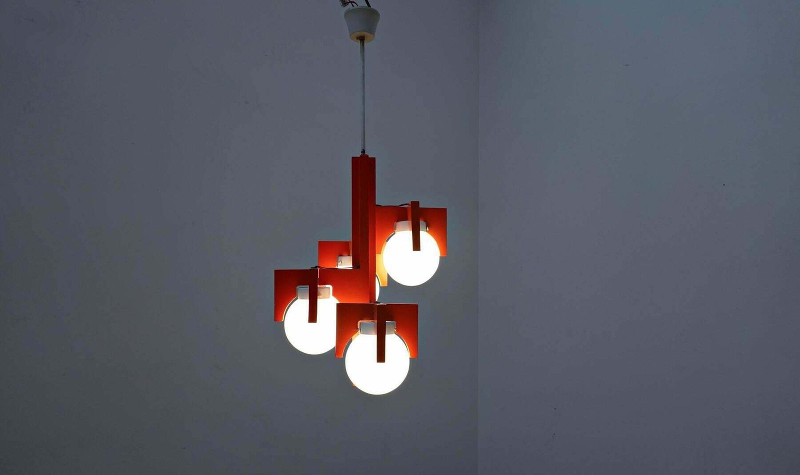 Mid Century Red Lacquered Wood And Opaline Suspension, Italy 1970s photo vintage