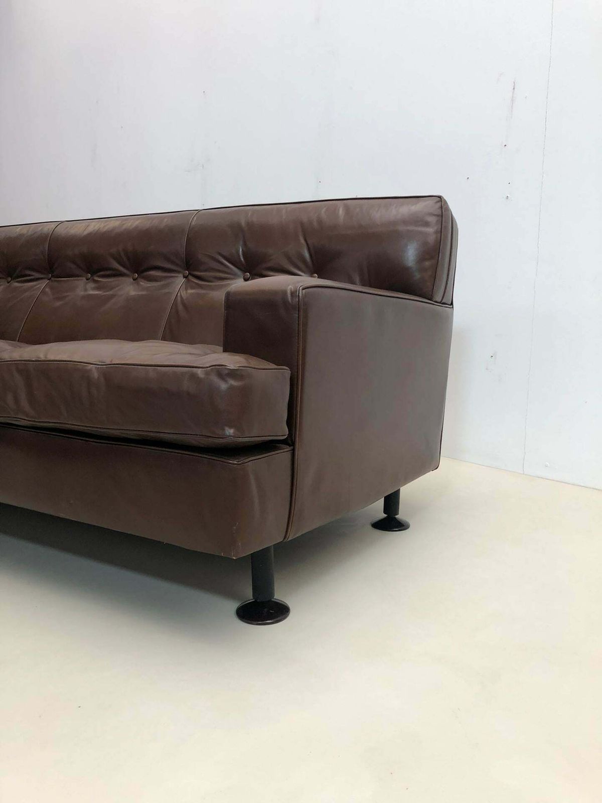 Furniture Mid Century Brown Leather Square Sofa By Marco Zanuso For Arflex, 1960s photo