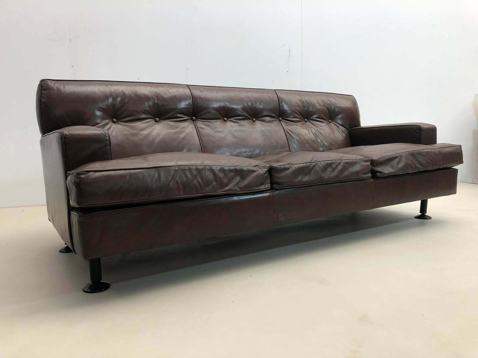 photo vinterior Mid Century Brown Leather Square Sofa By Marco Zanuso For Arflex, 1960s