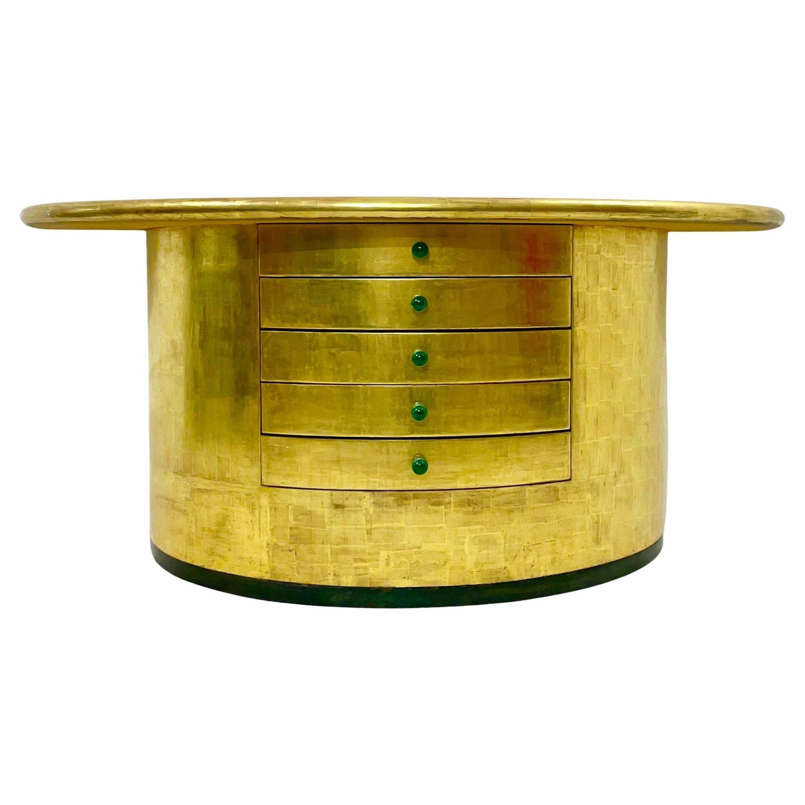 Mid Century Golden Leaves And Malachite Turn Ups Demi Lune Console With Drawers