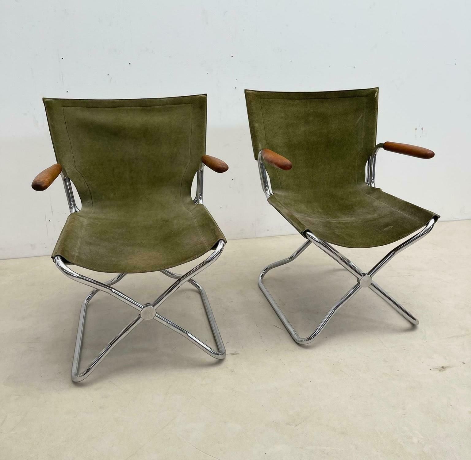 Set Of 4 Mid Century Wood Metal And Green Canvas Folding Armchairs photo furniture