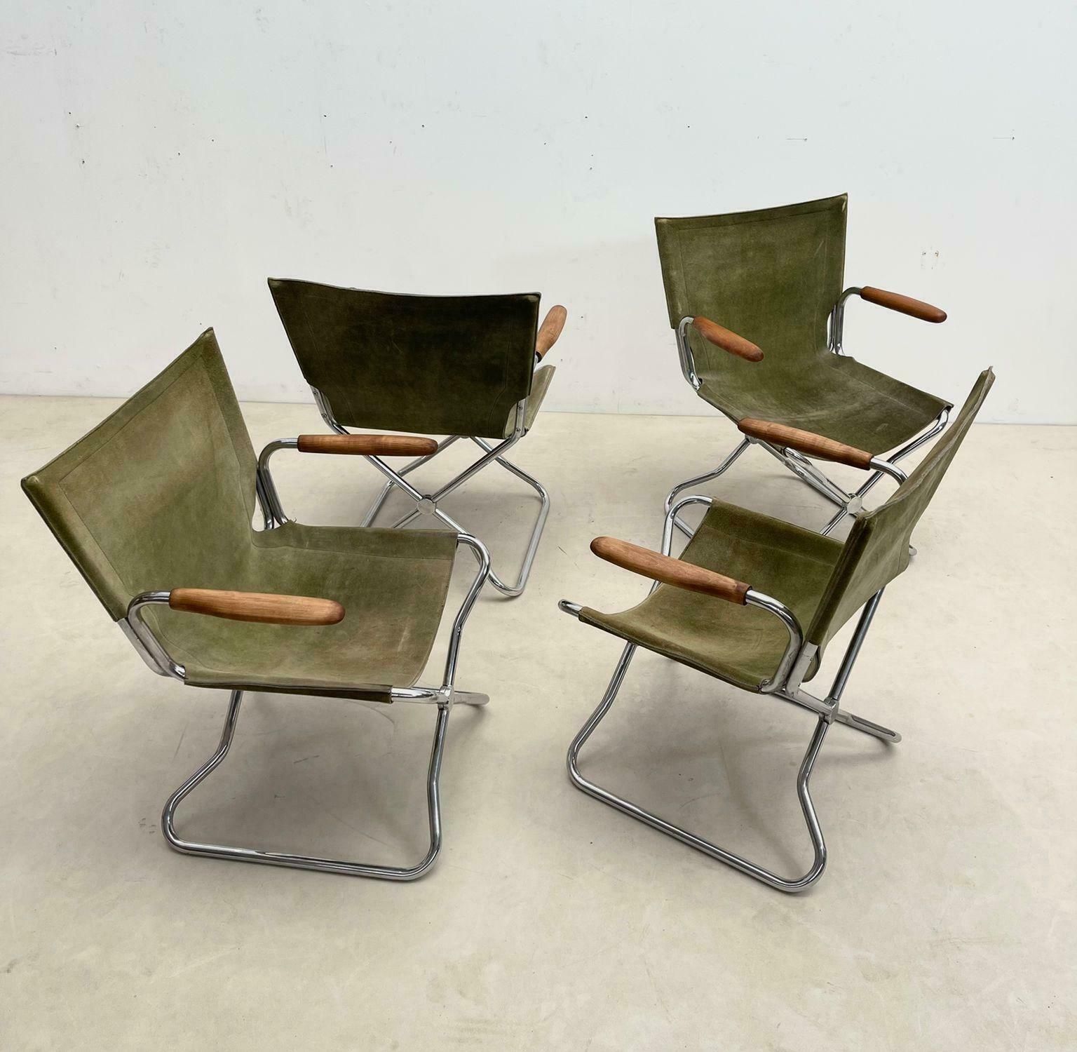 Set Of 4 Mid Century Wood Metal And Green Canvas Folding Armchairs photo for sale