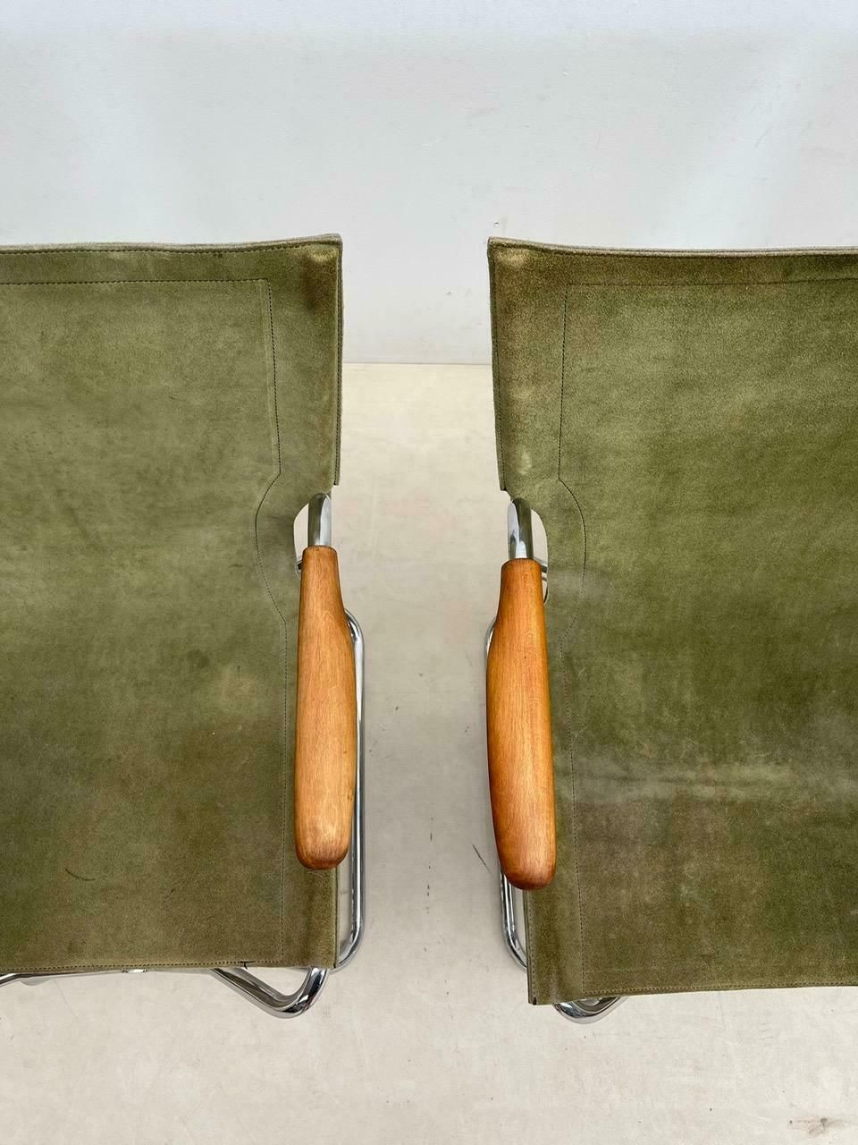 2654.0 Set Of 4 Mid Century Wood Metal And Green Canvas Folding Armchairs photo