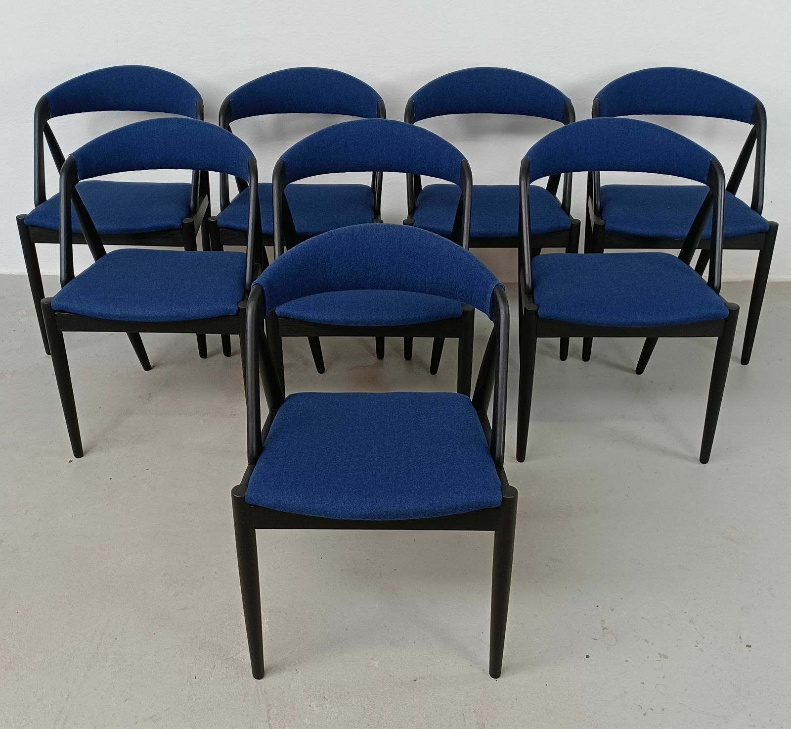 Set Of Eight Fully Restored Kai Kristiansen Dining Chairs In Ebonized Oak And Blue Fabric photo furniture