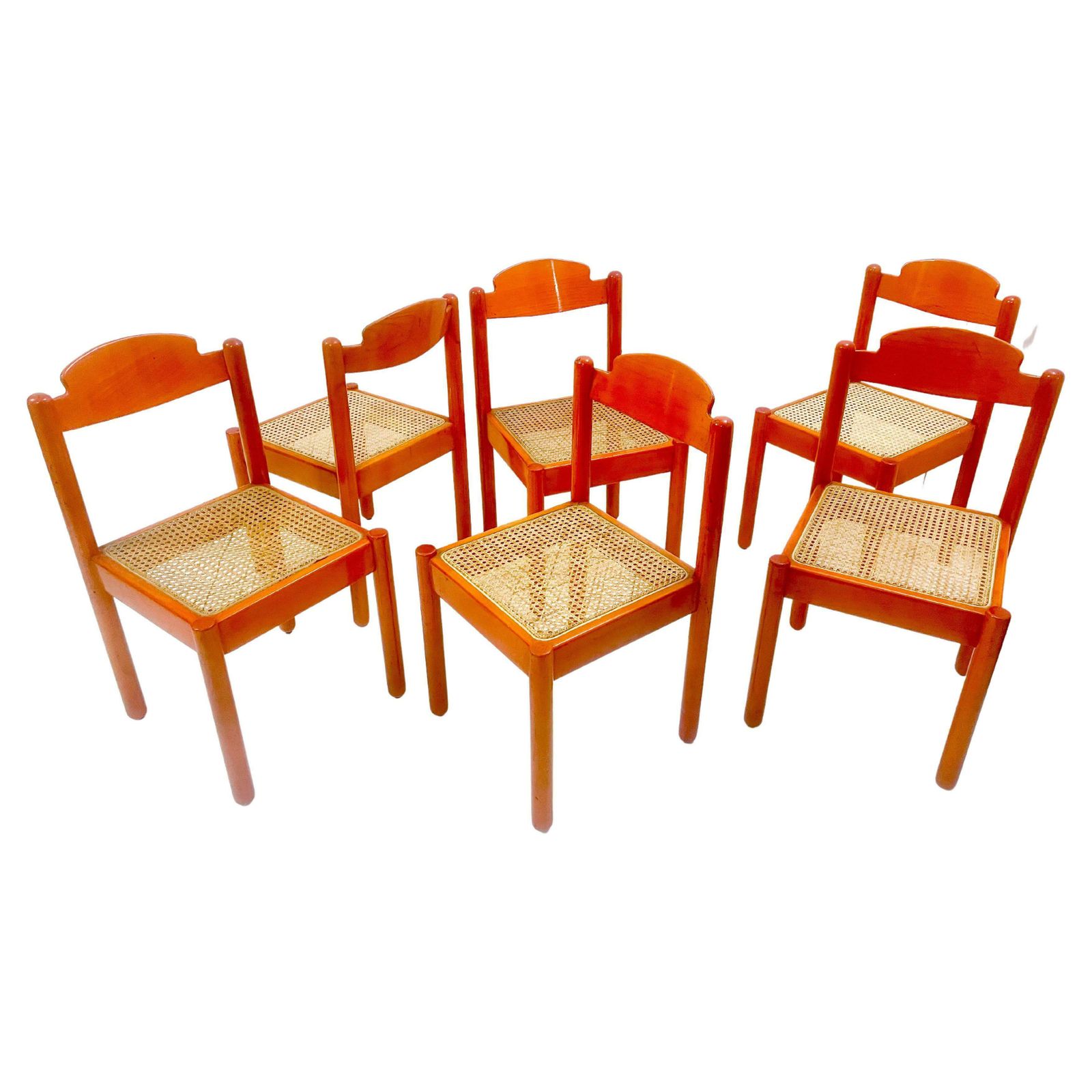 Mid Century Modern Set Of 6 Orange Chairs, Wood, Italy, 1960s