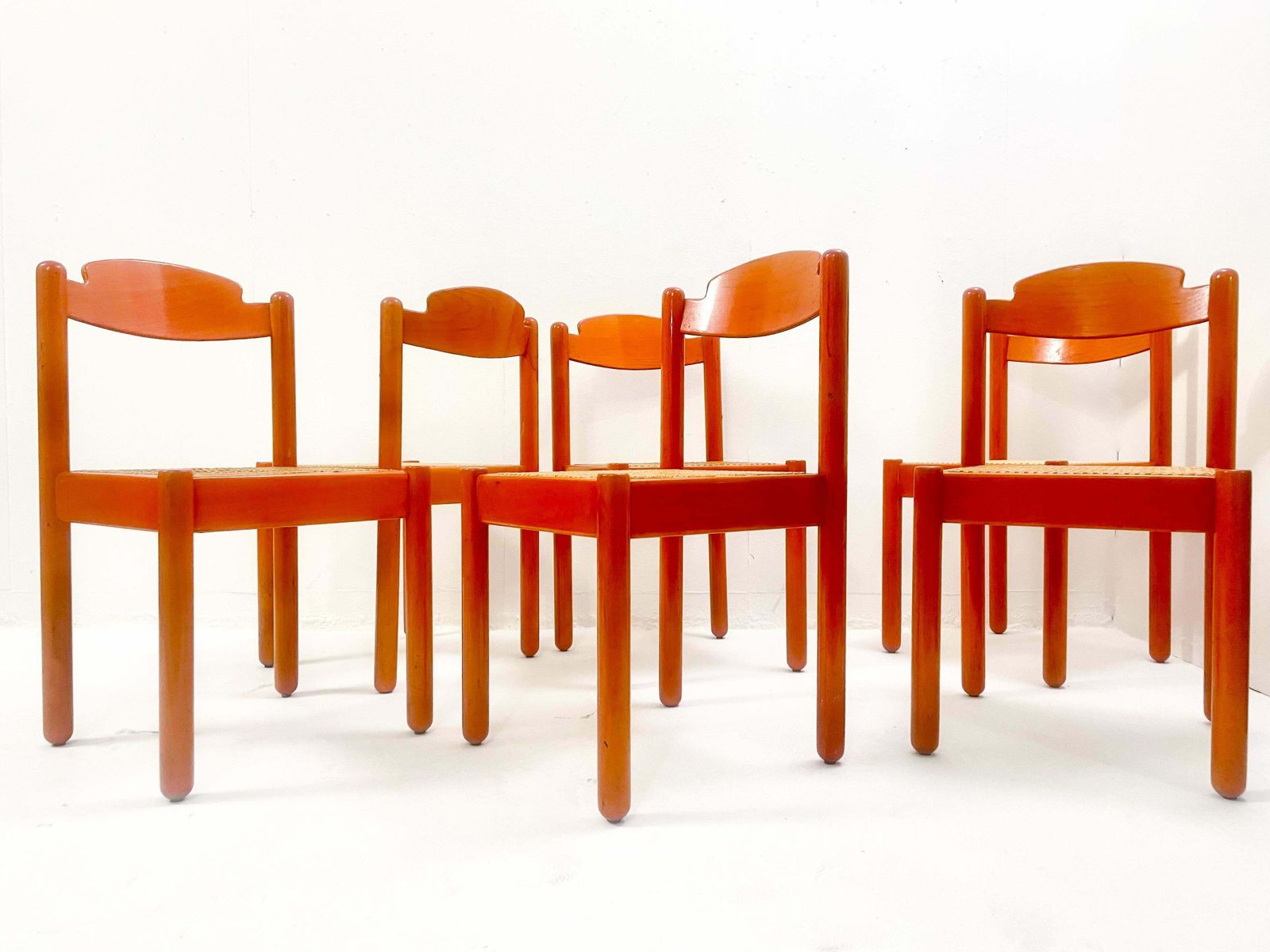 Mid Century Modern Set Of 6 Orange Chairs, Wood, Italy, 1960s photo buy