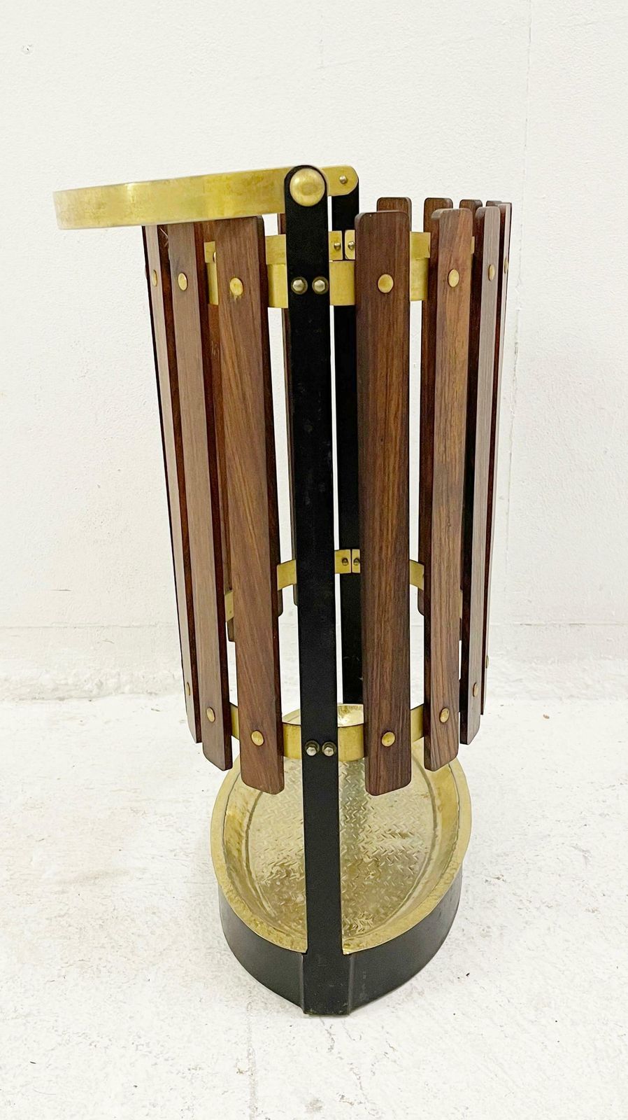 Mid Century Wood And Brass Umbrella Stand, Italy 1950s photo vintage
