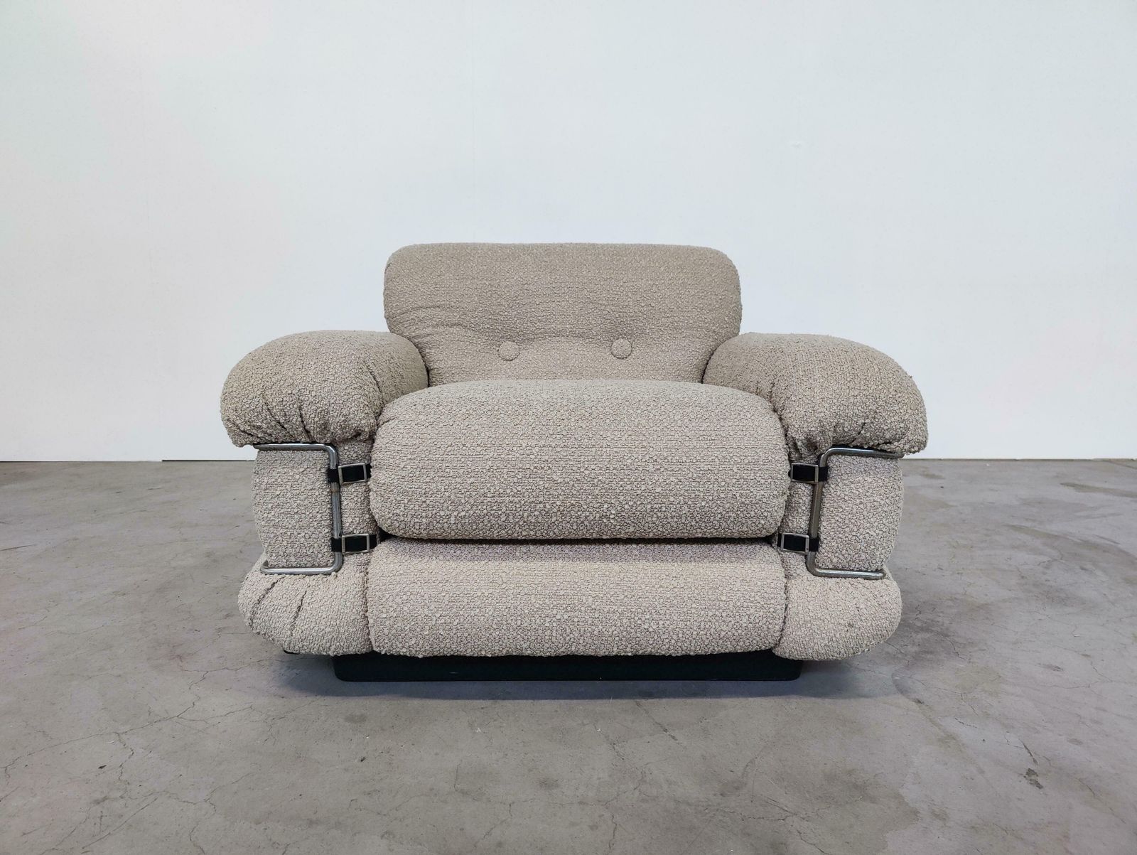 photo furniture Mid Century Modern Pair Of Italian Armchairs, New Upholstery Beige Boucle Fabric