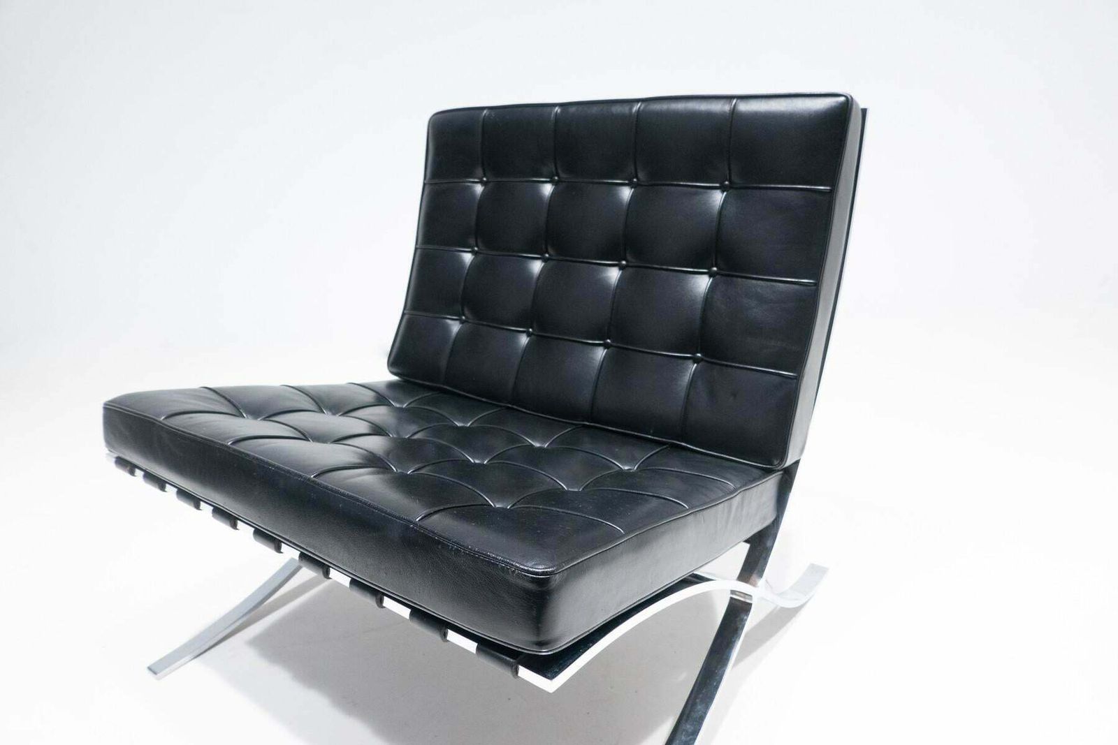 Pair Of Black Leather Barcelona Chairs By Mies Van Der Rohe For Knoll, 1960s photo furniture