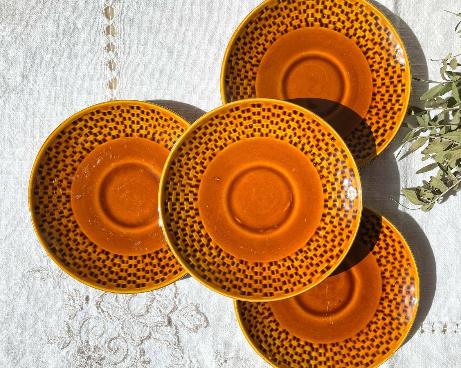 4 Vintage Coffee Cups In Caramel Earthenware   Vintage Coffee Service   Tea Cups   Vintage Coffee Cups photo vintage