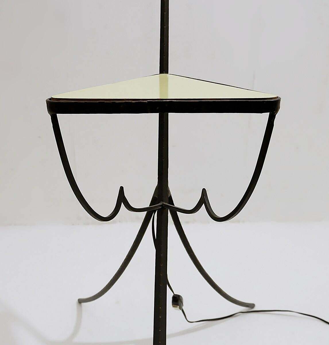 Mid Century Wrought Iron Tripod Floor Lamp With Shelf, Italy, 1960s photo for sale