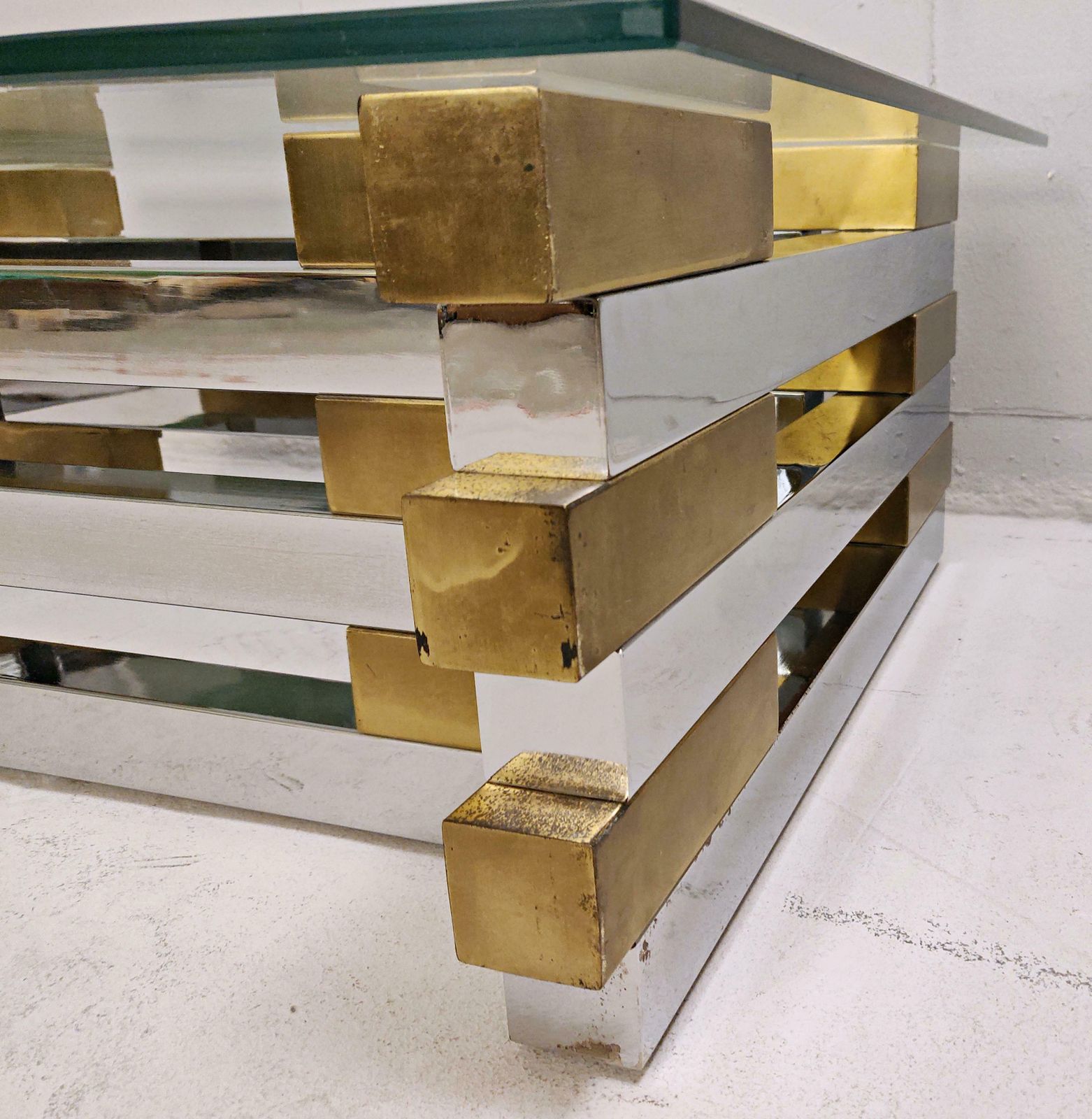 Mid Century Modern Coffee Table In Brass, Chrome And Glass photo for sale