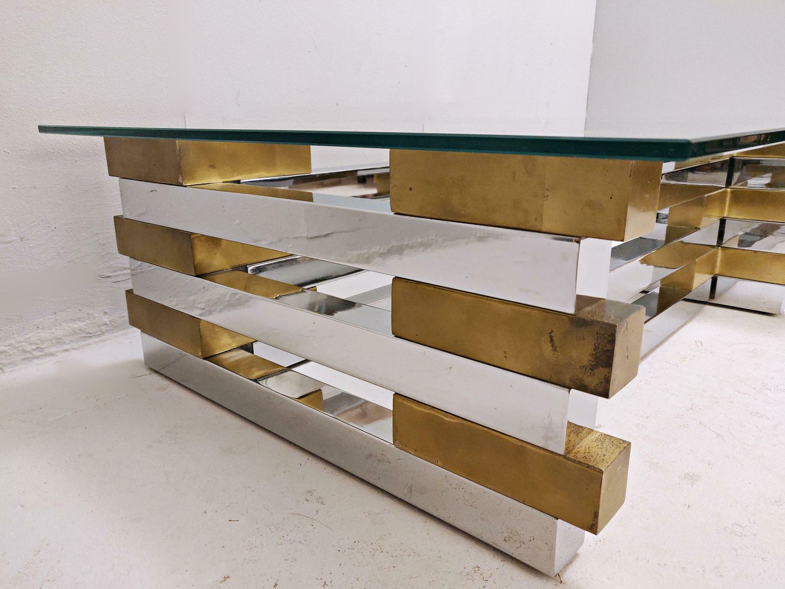 Mid Century Modern Coffee Table In Brass, Chrome And Glass photo 2972.0