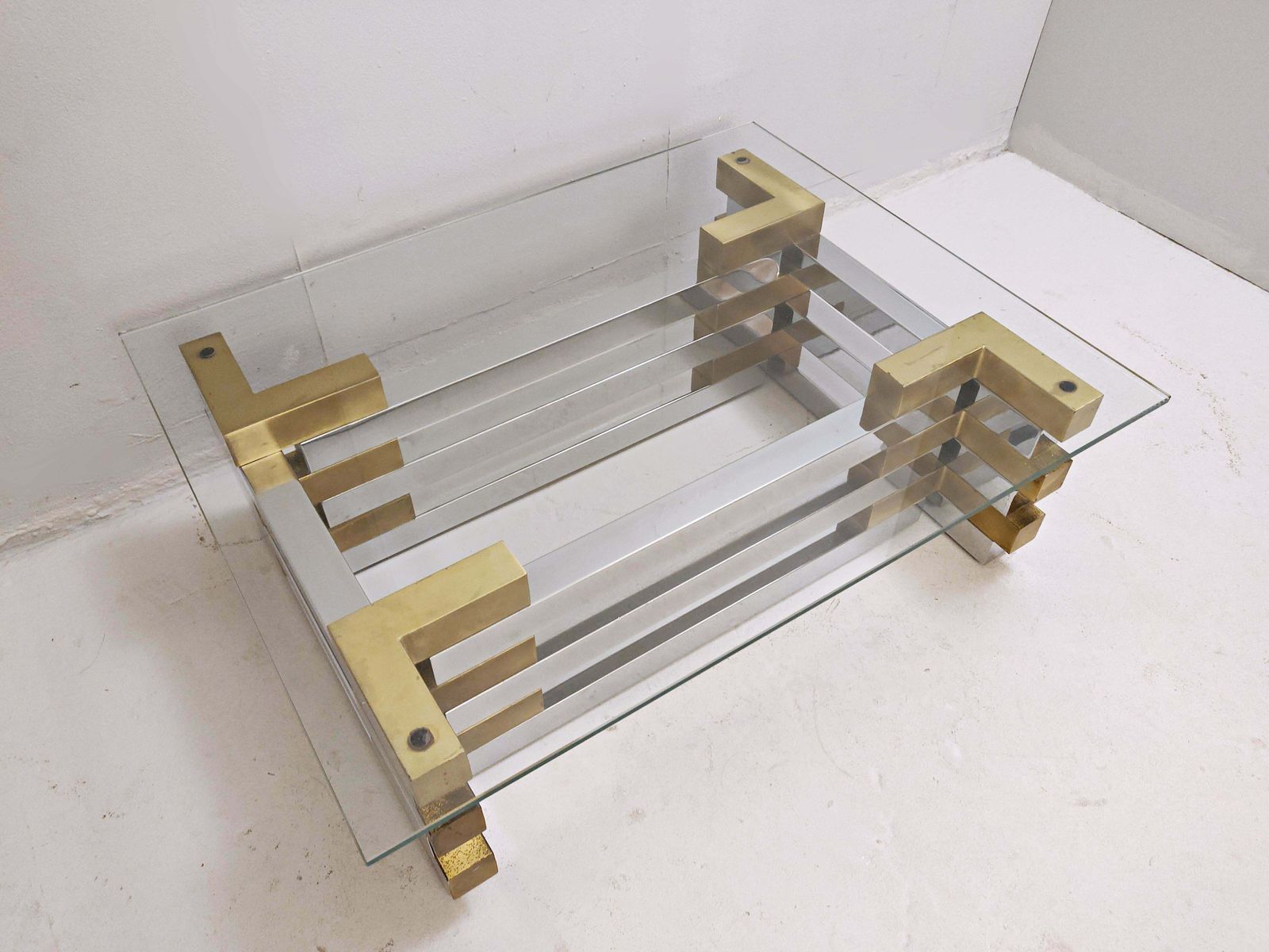 Mid Century Modern Coffee Table In Brass, Chrome And Glass photo vintage