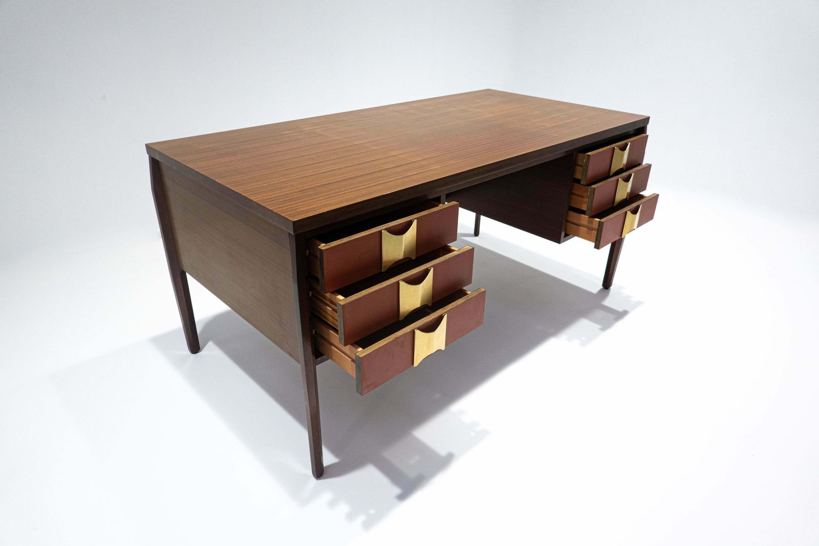 Mid Century Modern Wooden Desk With 6 Drawers, Italy, 1960s photo vinterior