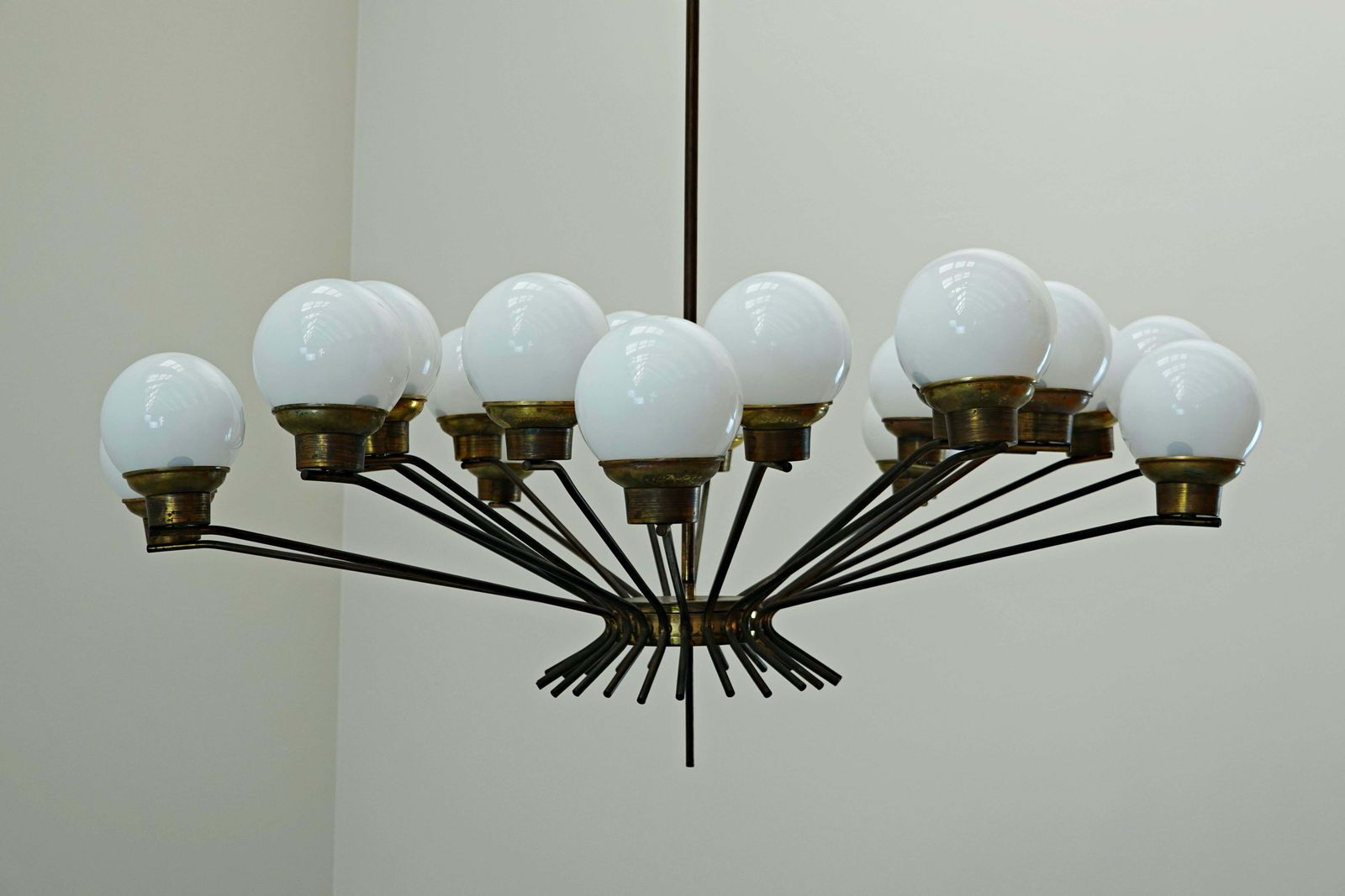 Mid Century Modern Italian Brass And Opaline Chandelier photo 5838.0