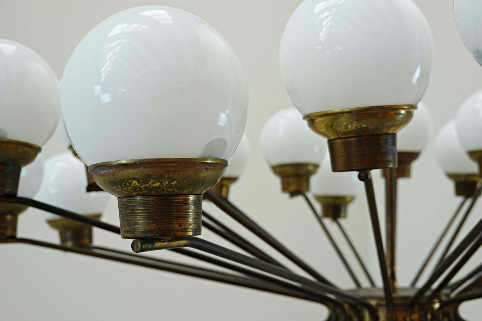 Mid Century Modern Italian Brass And Opaline Chandelier photo vinterior