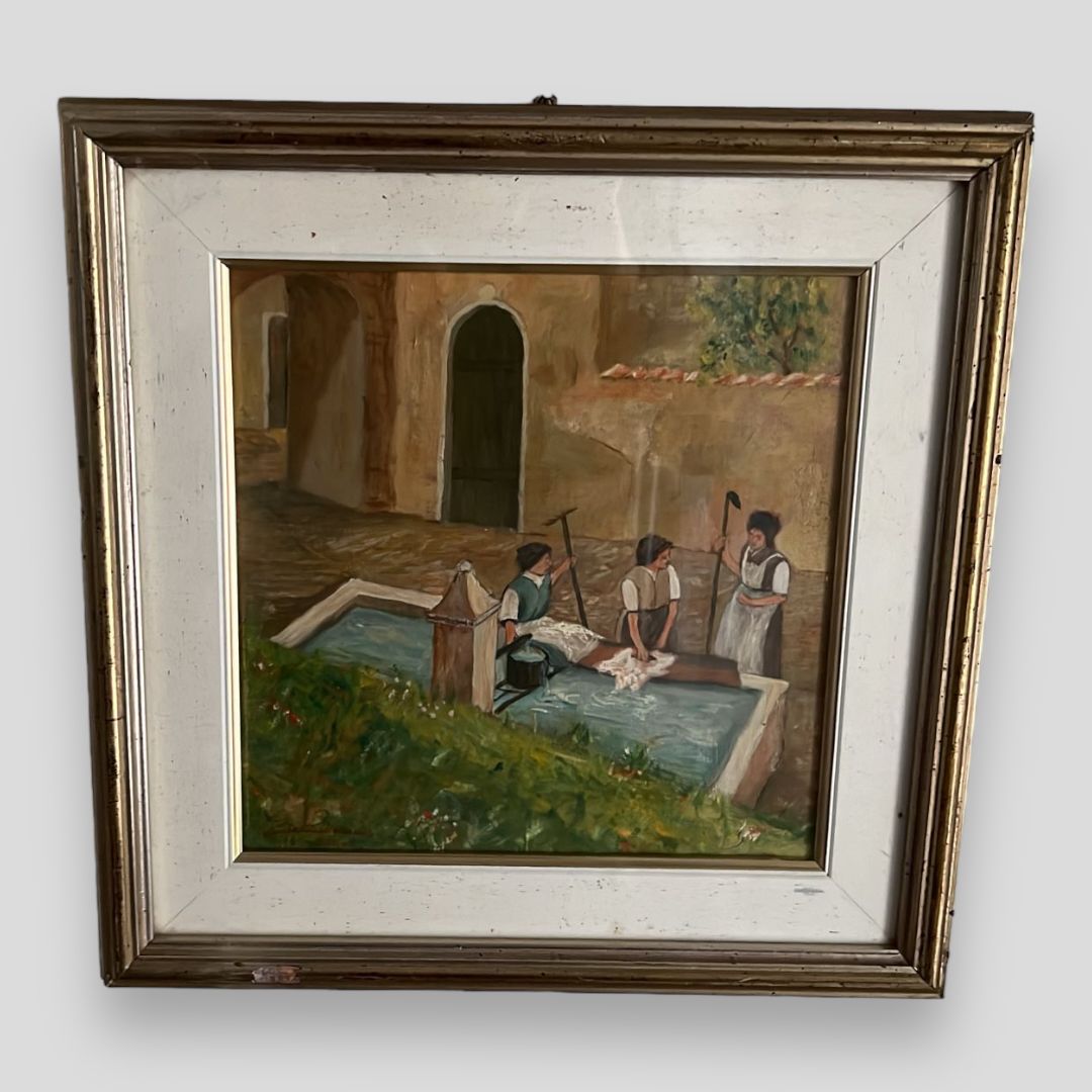 A Rural Italian Painted Scene Of Three Peasant Women Washing Clothes