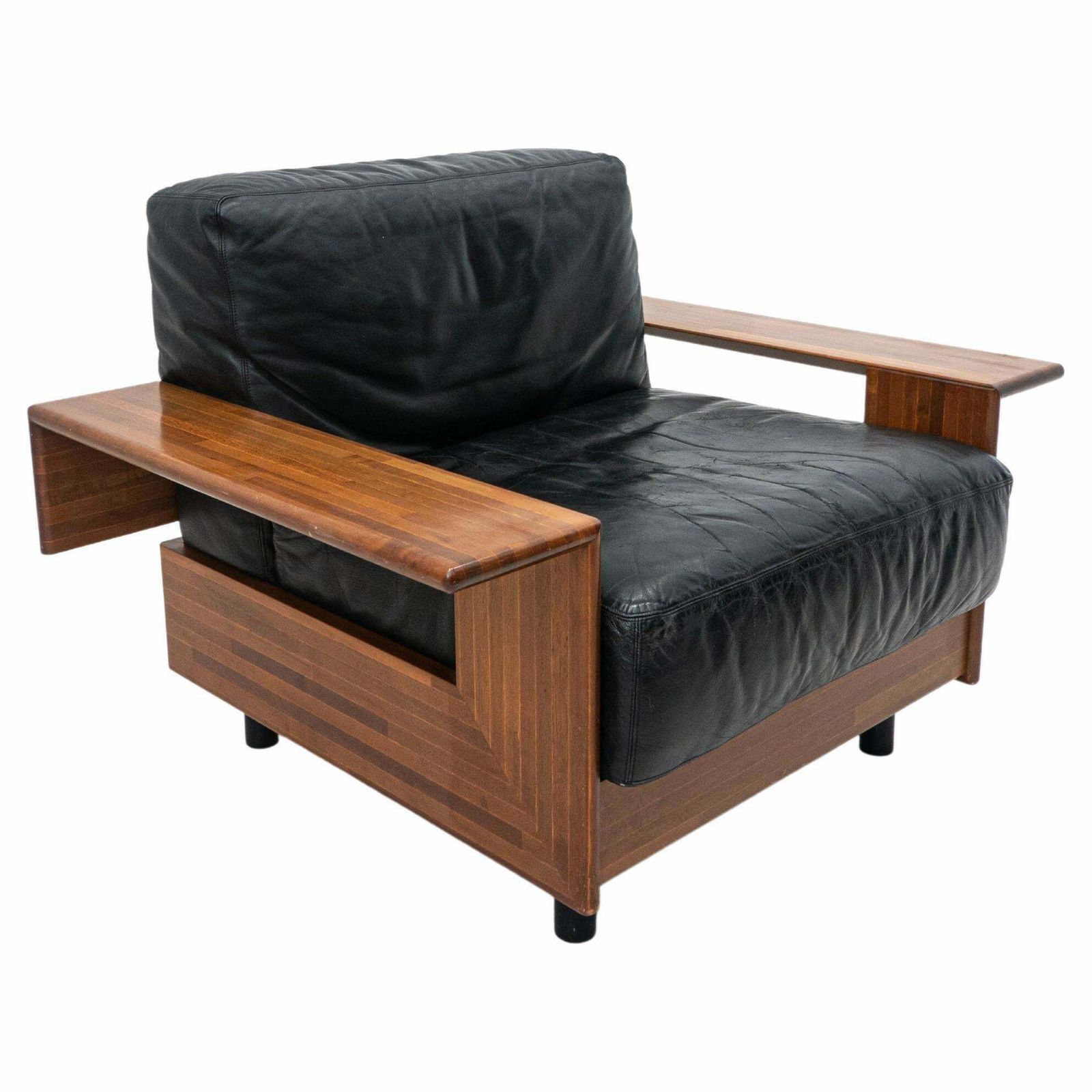 Mid Century Modern Armchair In The Style Of Tobia Scarpa, Wood And Leather
