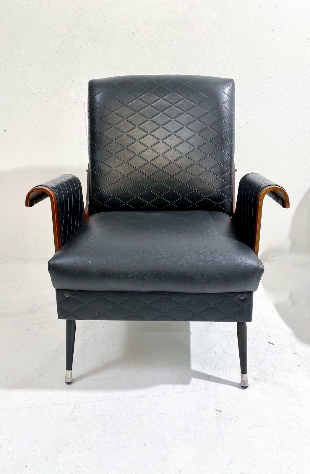 Pair Of Mid Century Modern Armchairs, Walnut And Vegan Leather, Italy, 1960s photo furniture