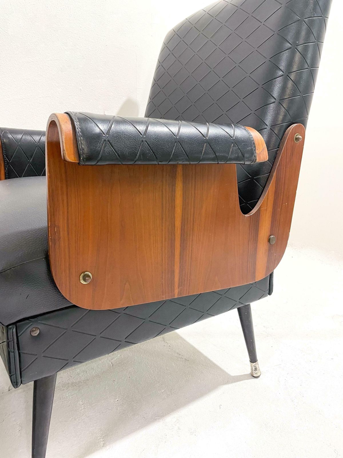 Pair Of Mid Century Modern Armchairs, Walnut And Vegan Leather, Italy, 1960s photo vinterior