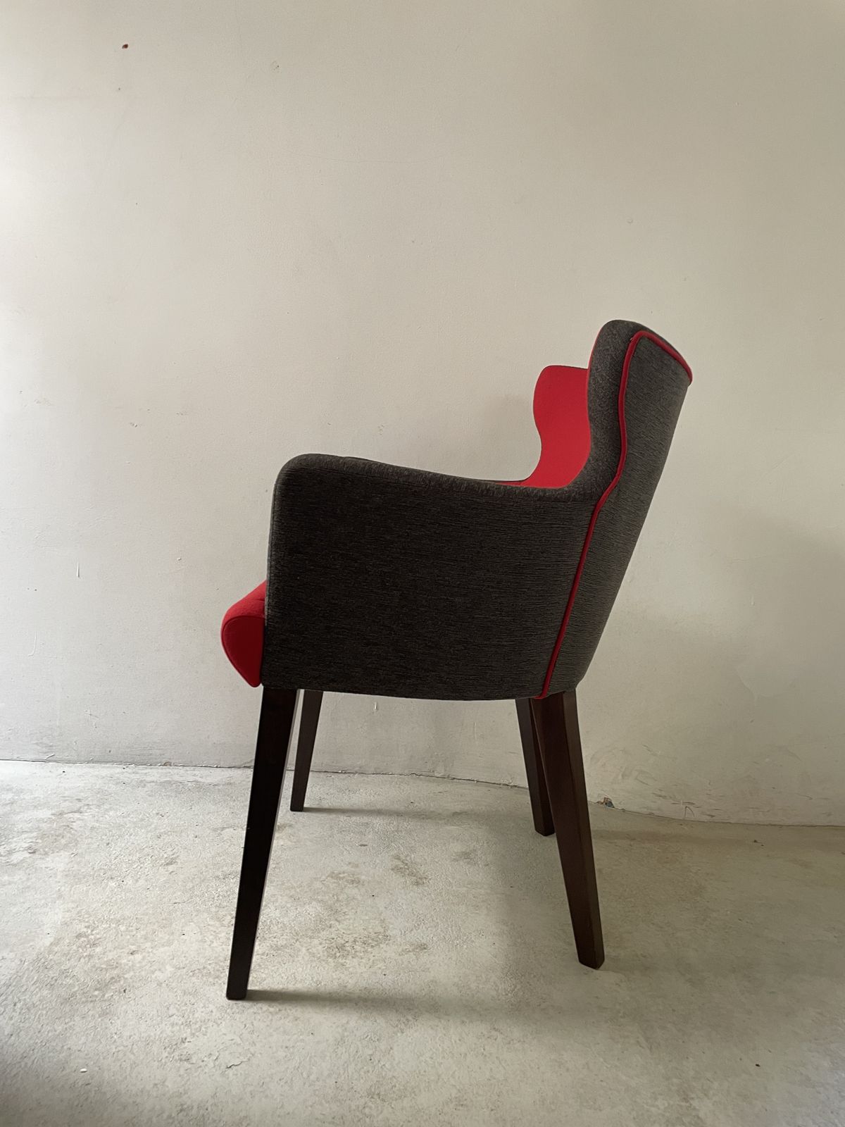 Red & Grey Curved Back Statement Armchair With Wooden Legs    Ex. Contract Furniture photo for sale