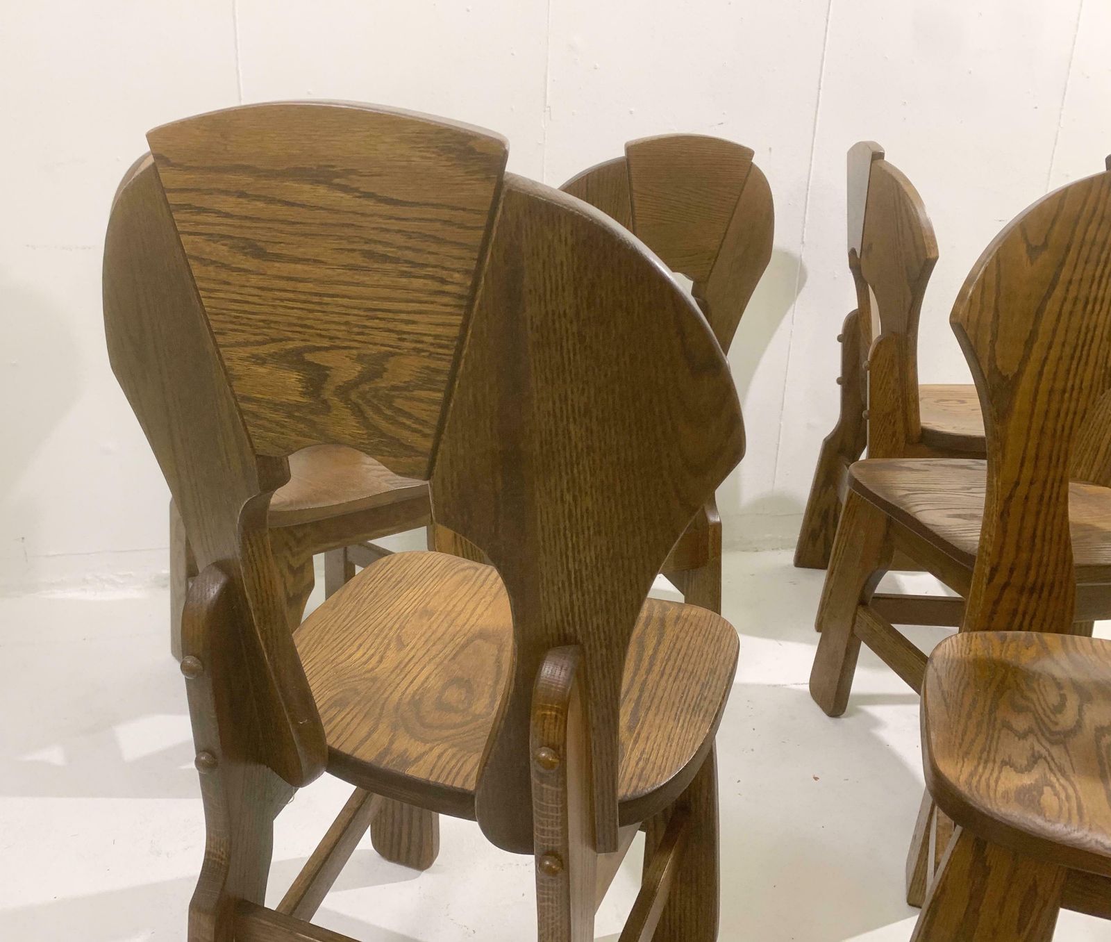 Mid Century Modern Set Of 8 Brutalist Wooden Chairs, Belgium, 1970s photo vinterior