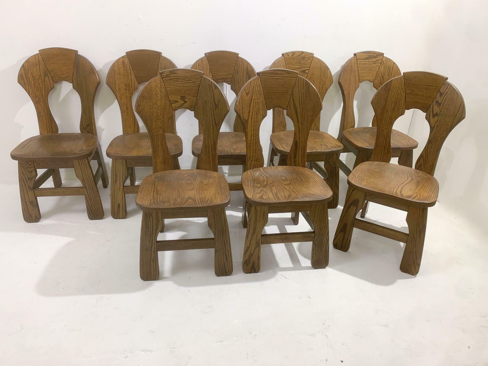 photo furniture Mid Century Modern Set Of 8 Brutalist Wooden Chairs, Belgium, 1970s