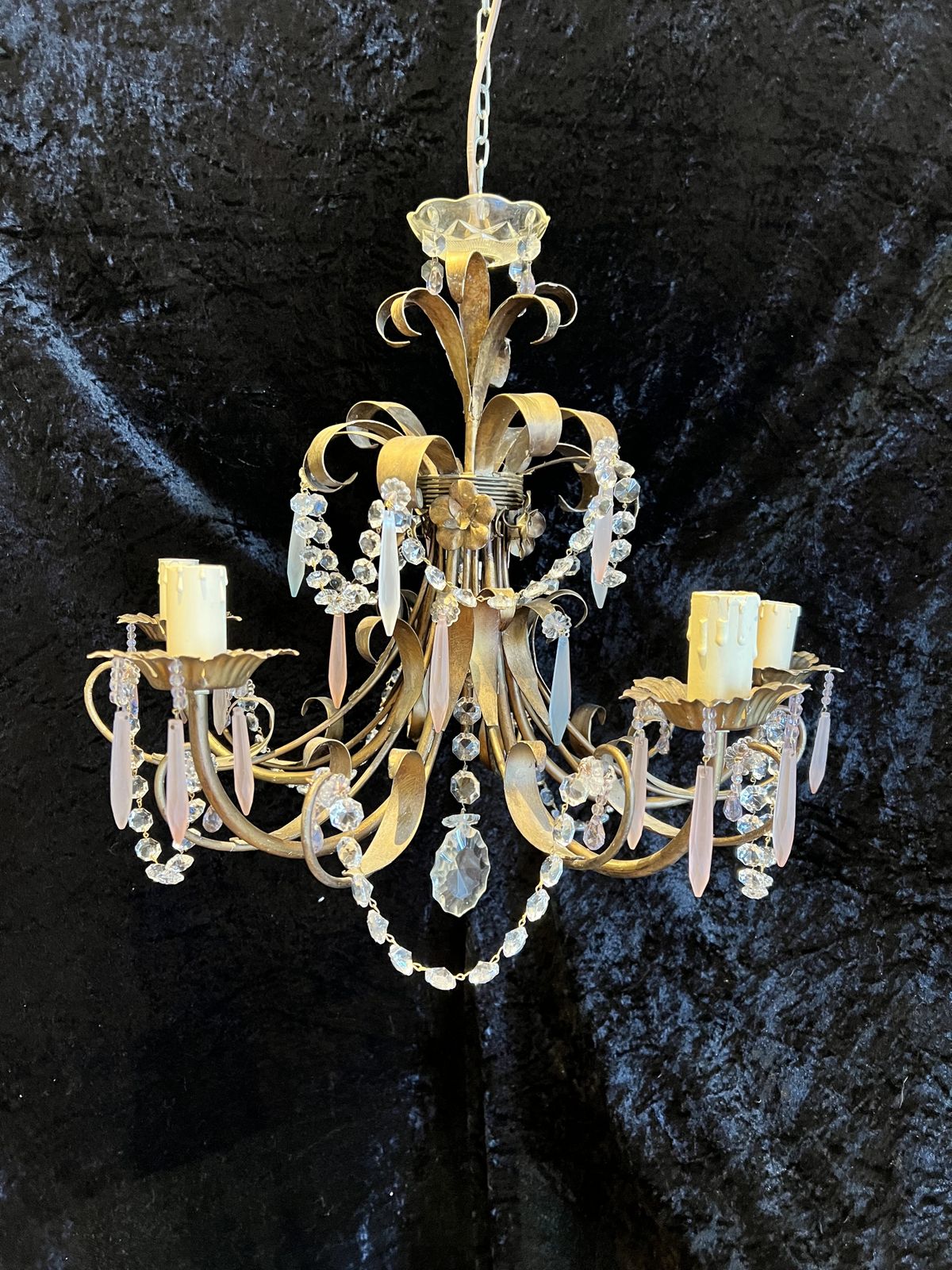 Five Light Italian Florentine Chandelier With Coloured Crystals. Cr773