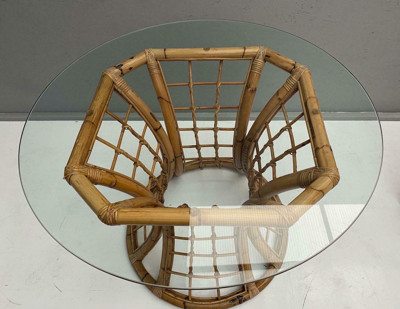 Rattan Table With Glass Top, Mid 20th Century photo for sale