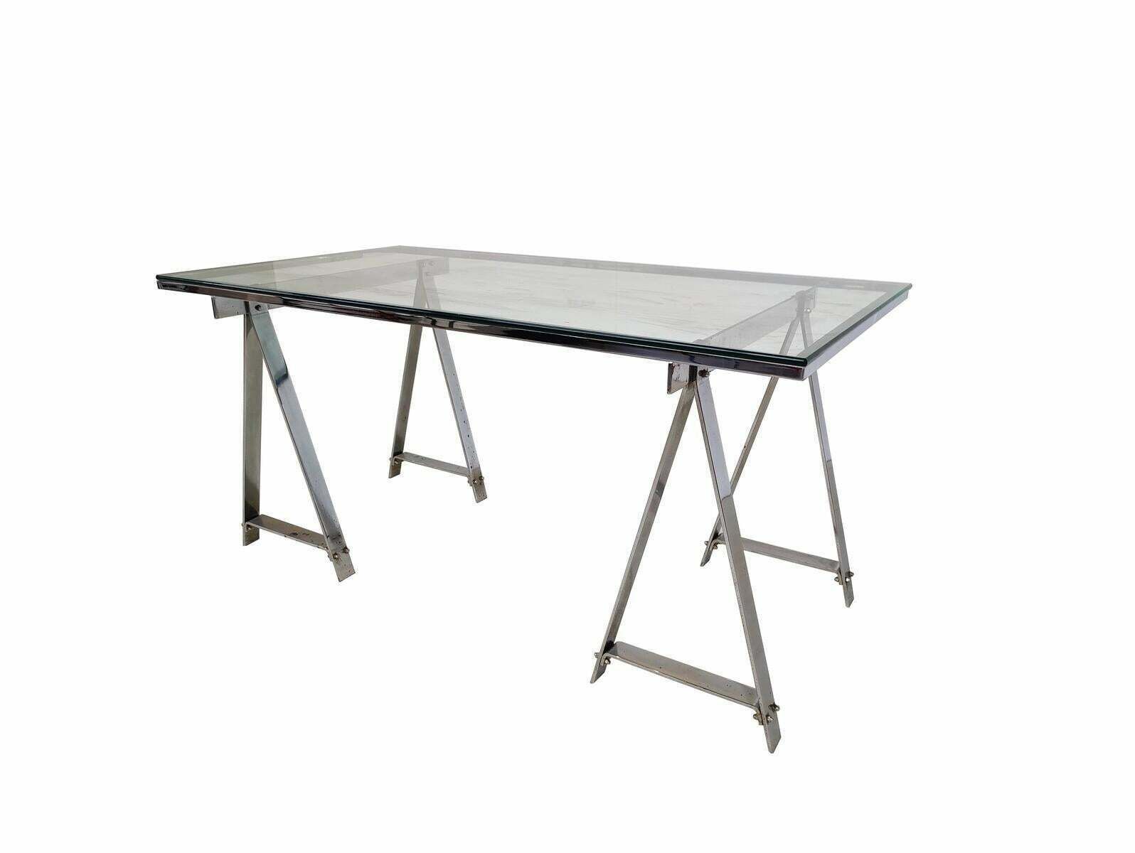 Mid Century Modern Dining Table/Desk, Chrome And Glass, Italy, 1970s photo for sale