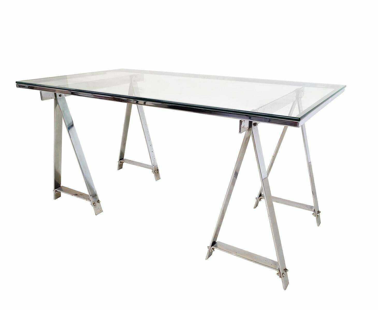 photo for sale Mid Century Modern Dining Table/Desk, Chrome And Glass, Italy, 1970s