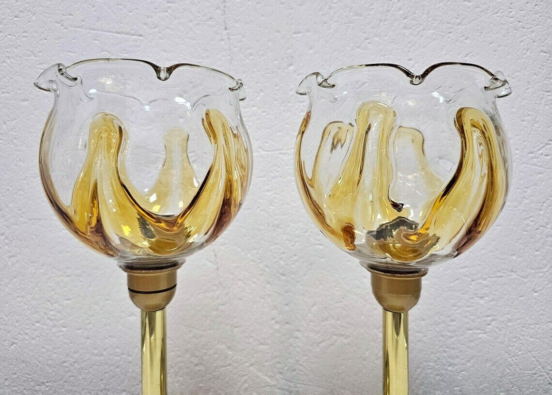 Pair Of Mid Century Modern Brass Table Lamps By Mazzega With Beautiful Murano Glass Floral Shades // Made In Italy In 1960s photo for sale