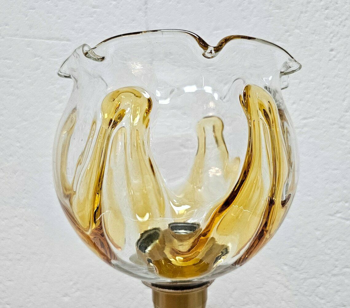 Pair Of Mid Century Modern Brass Table Lamps By Mazzega With Beautiful Murano Glass Floral Shades // Made In Italy In 1960s photo vinterior