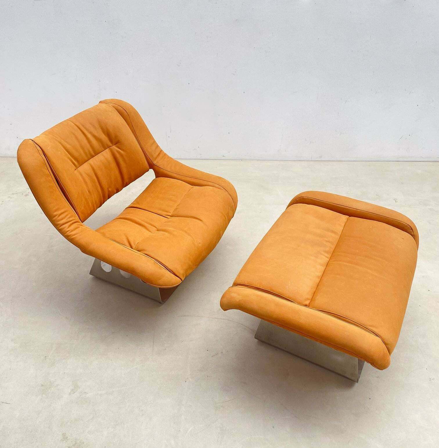 Mid Century Lounge Chair And Ottoman, Italy, 1970s   New Leather Upholstery photo 10348.0
