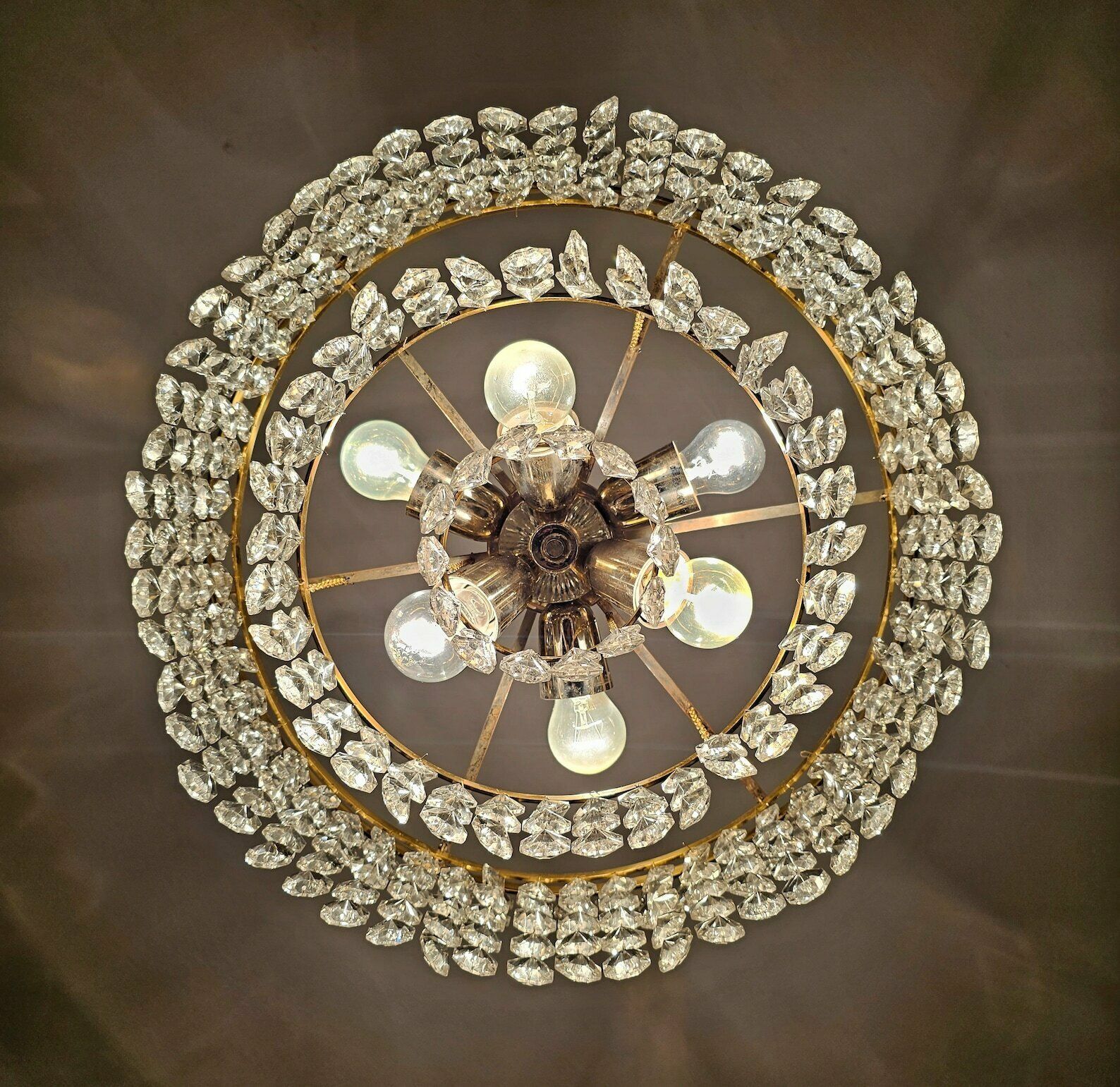 Very Rare Luxurious Mid Century Modern Chandelier By Bakalowits // Gold Plated Brass And Crystal Chandelier // Made In Austria In 1960s photo for sale