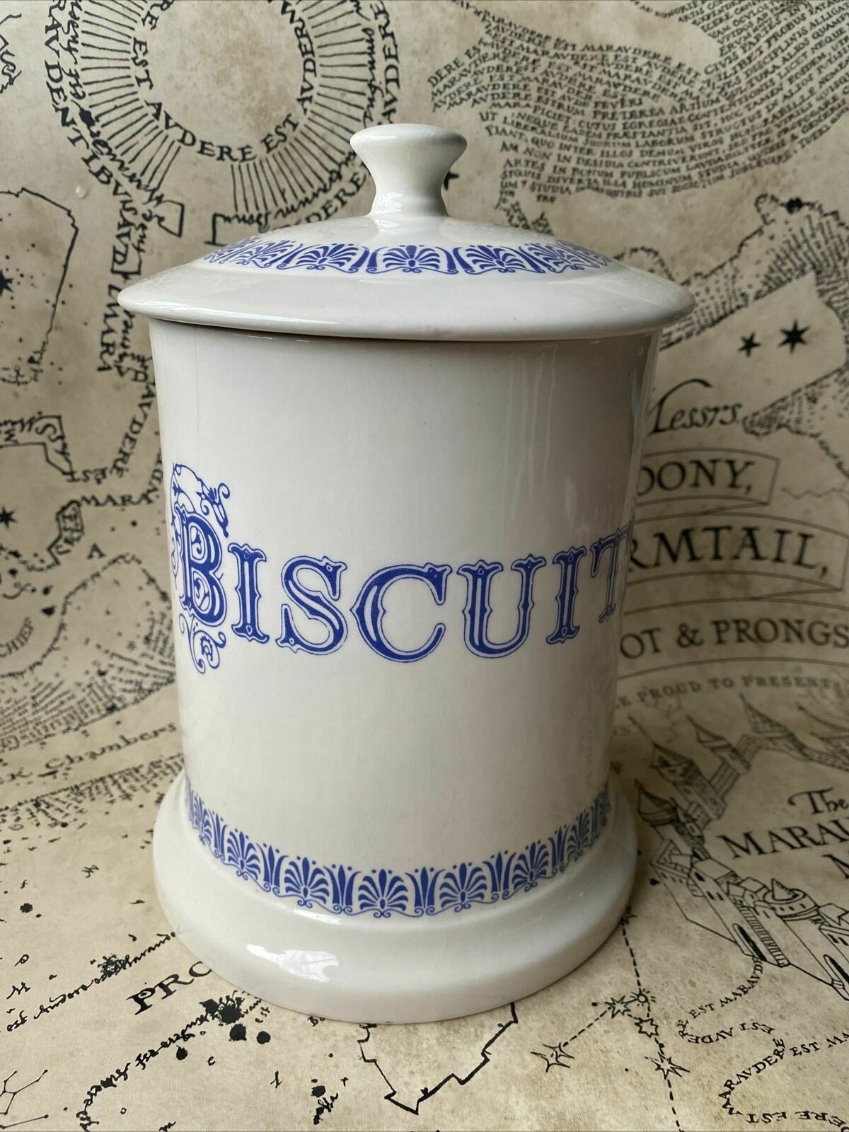 Ditto Large Blue White Biscuits Canister Jar 1930 Vintage England