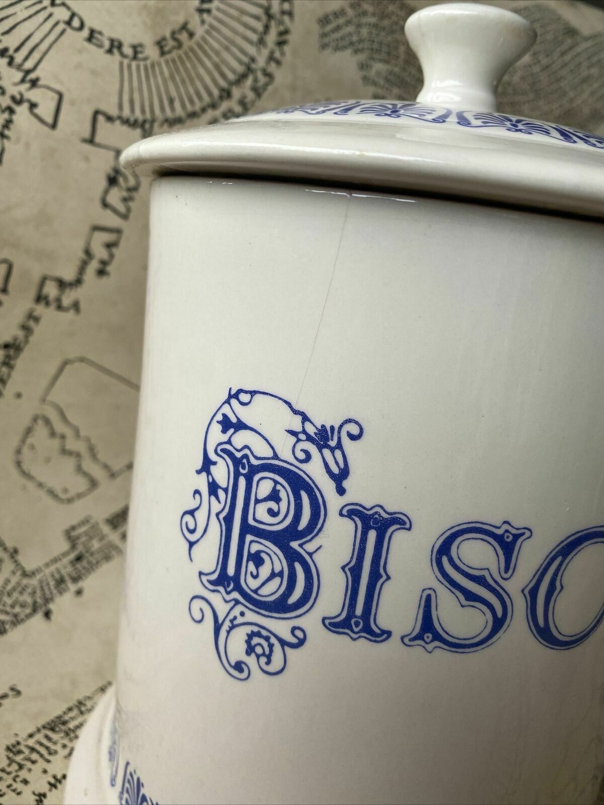 Ditto Large Blue White Biscuits Canister Jar 1930 Vintage England photo furniture
