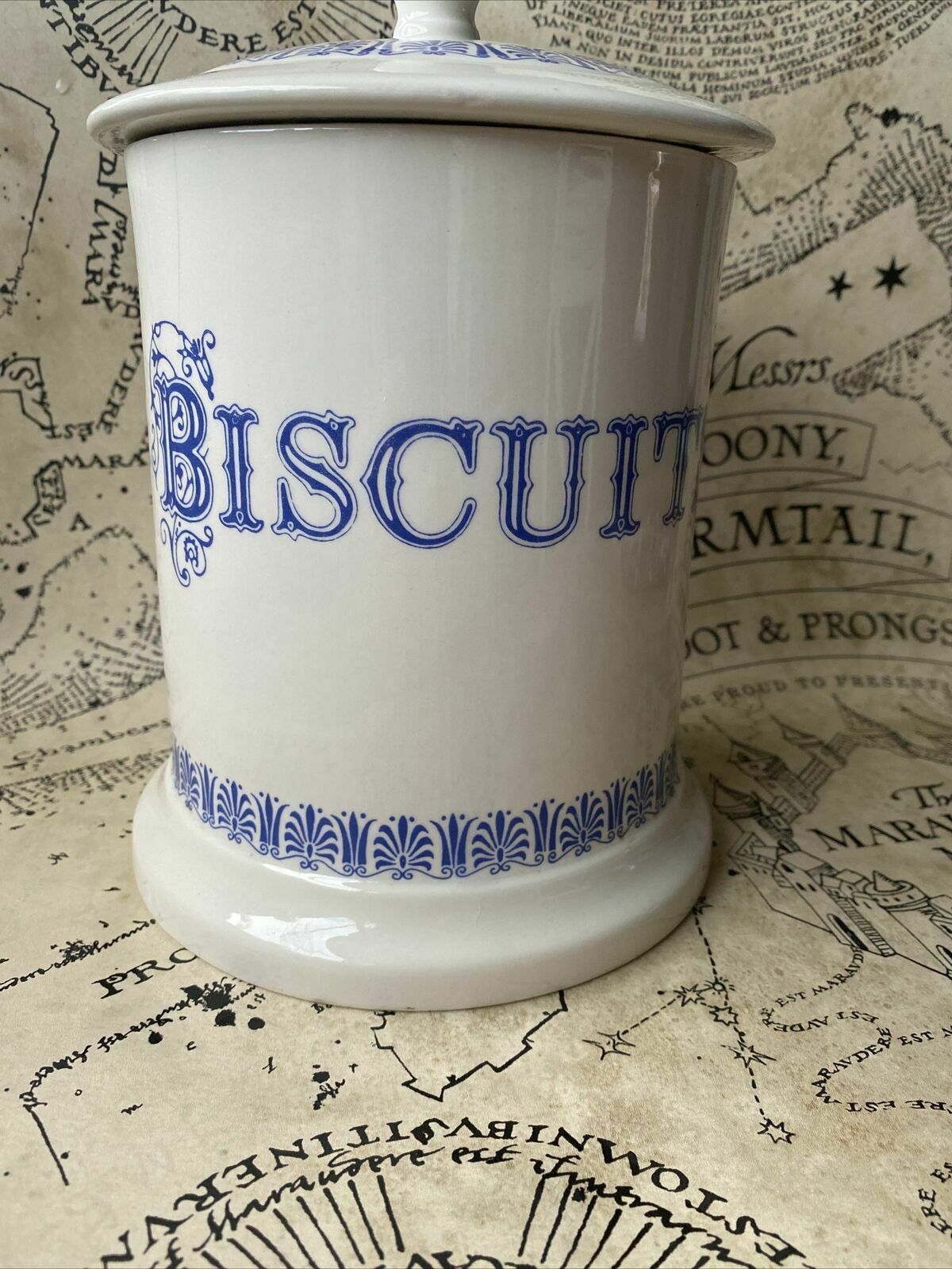 Ditto Large Blue White Biscuits Canister Jar 1930 Vintage England photo for sale