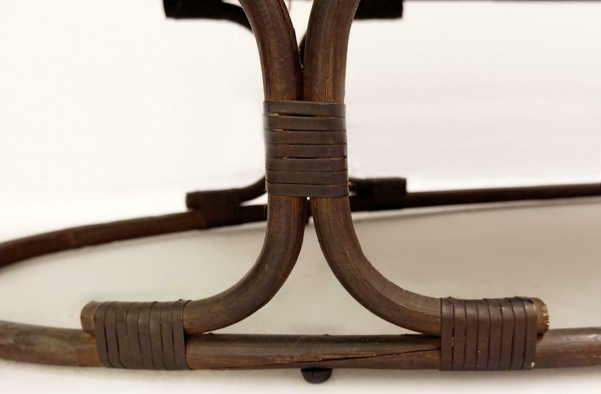 Oval Italian Teak Coffee Table, Plywood Top, Bamboo And Leather Rope photo vinterior
