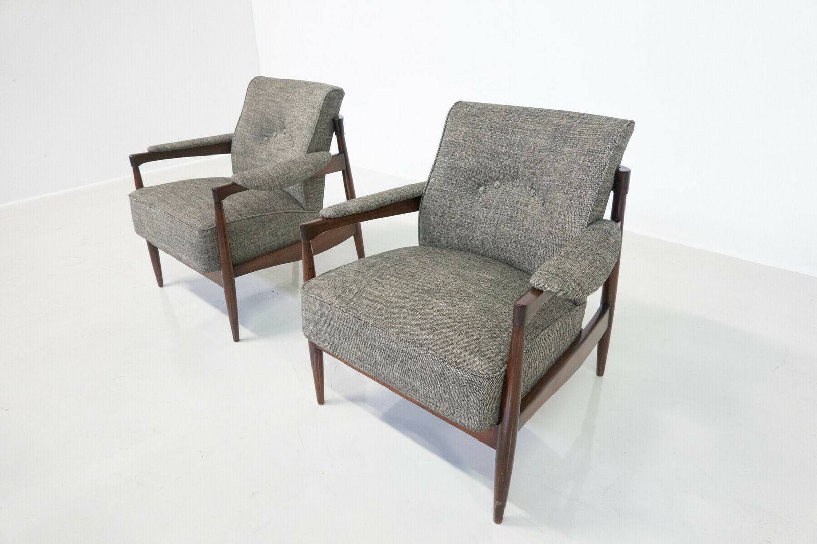 Mid Century Modern Pair Of Armchairs Wood And Grey Fabric Italy 1960s New Upholstery photo for sale