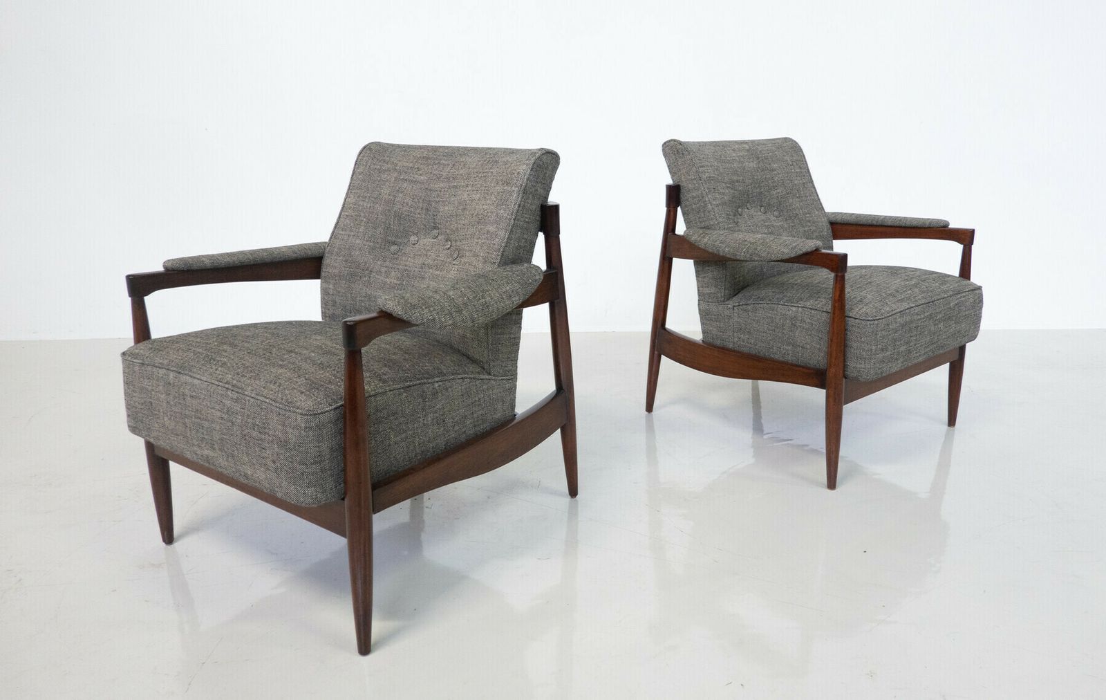 photo for sale Mid Century Modern Pair Of Armchairs Wood And Grey Fabric Italy 1960s New Upholstery