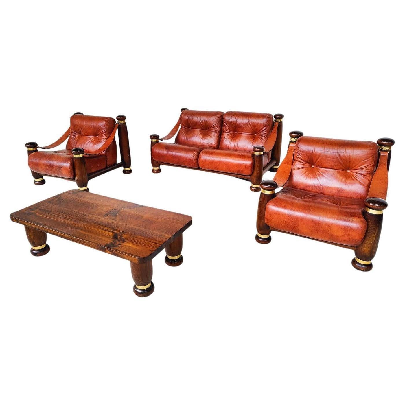 Mid Century Modern Seating Set, Leather And Wood, Italy, 1970s, Original Leather