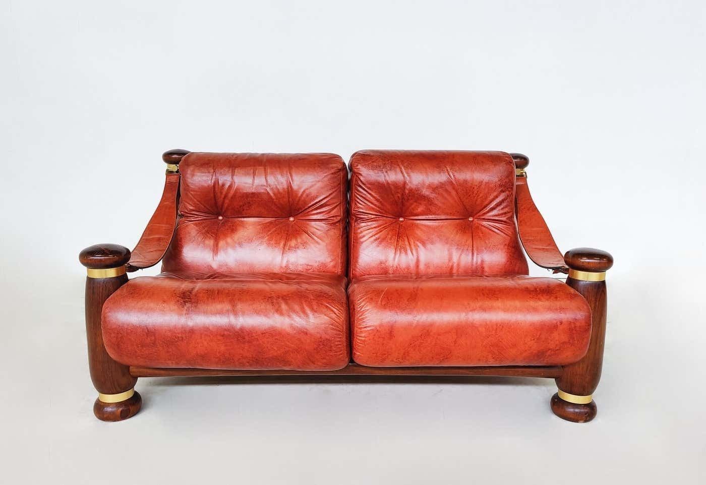 Mid Century Modern Seating Set, Leather And Wood, Italy, 1970s, Original Leather photo furniture
