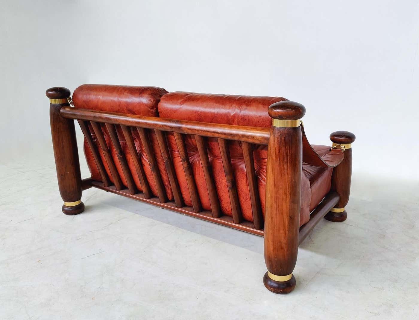 Mid Century Modern Seating Set, Leather And Wood, Italy, 1970s, Original Leather photo for sale