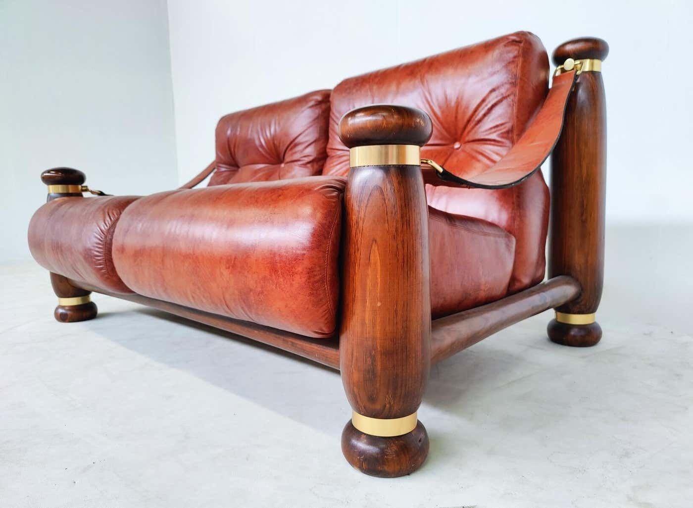 Mid Century Modern Seating Set, Leather And Wood, Italy, 1970s, Original Leather photo Furniture