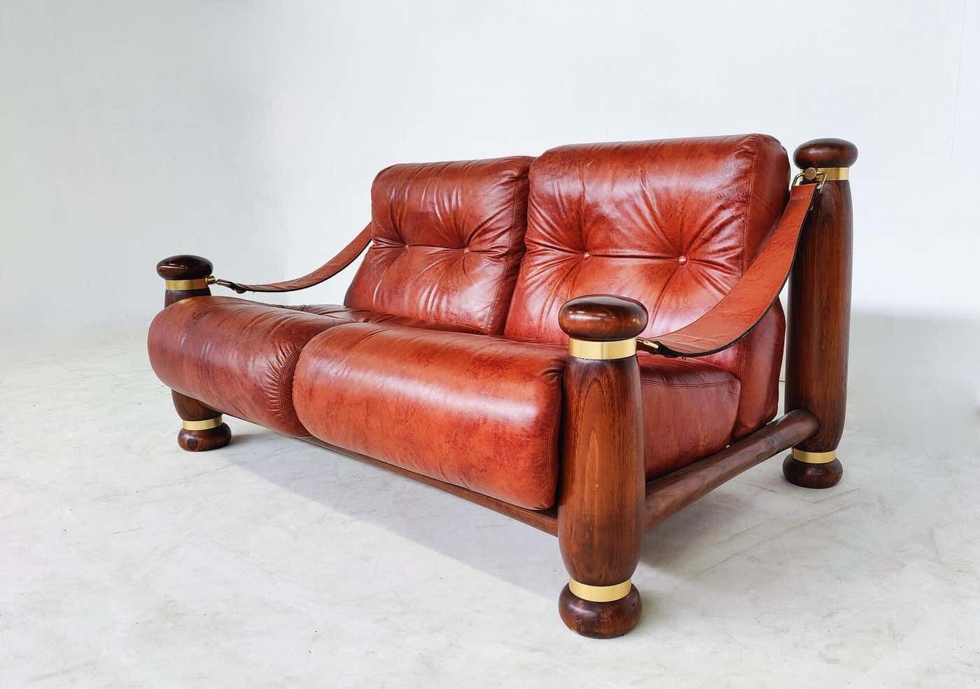 Mid Century Modern Seating Set, Leather And Wood, Italy, 1970s, Original Leather photo vinterior